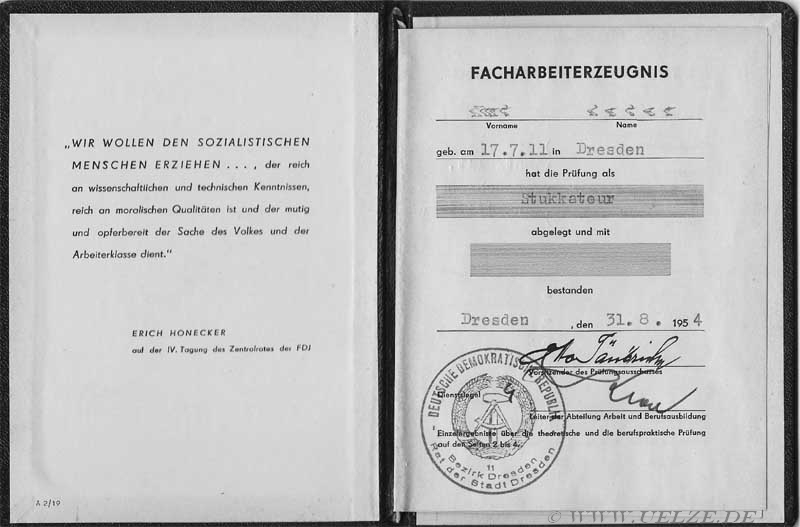 Facharbeiterbrief eines Stuckateurs 1954 aus Dresden